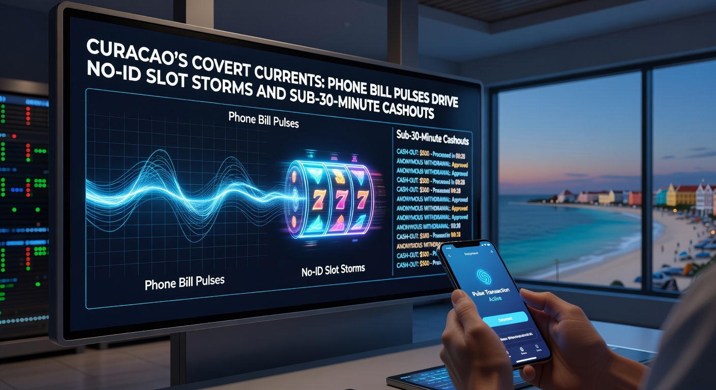 Vibrant slot machine reels spinning under Curacao's sunny skies, highlighting phone bill deposit interfaces and quick cashout icons
