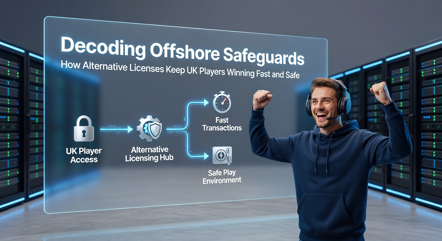 Digital graphic illustrating offshore gaming licenses with shields and speed symbols representing safety and quick payouts for UK players