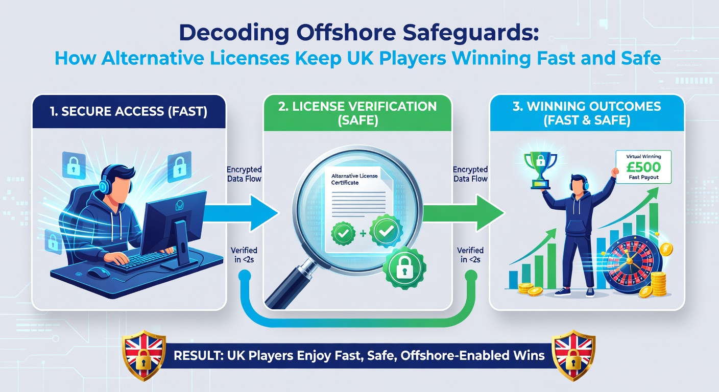 Infographic breaking down alternative license jurisdictions with icons for speed, security locks, and UK flag, highlighting fast withdrawals and player protections