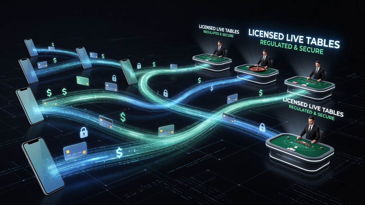 Data visualization of transaction flows from mobile devices to licensed live gaming tables