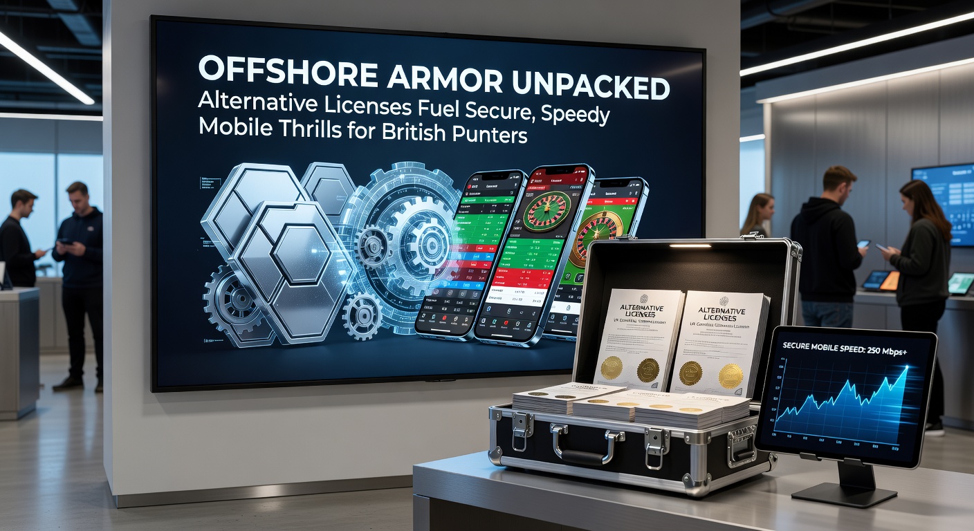 Dynamic graphic of a stopwatch overlay on a mobile screen displaying rapid casino withdrawals and secure license badges from offshore jurisdictions