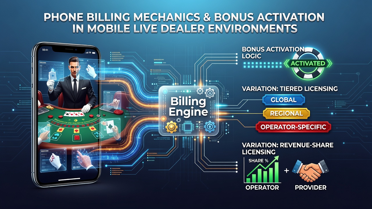 Technical diagram showing phone billing integration with live dealer platforms and bonus activation flows