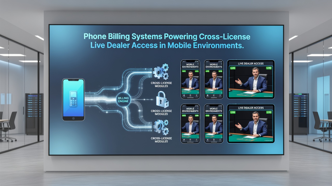 Network diagram illustrating carrier billing flow between mobile devices, telecom providers, and licensed live dealer servers