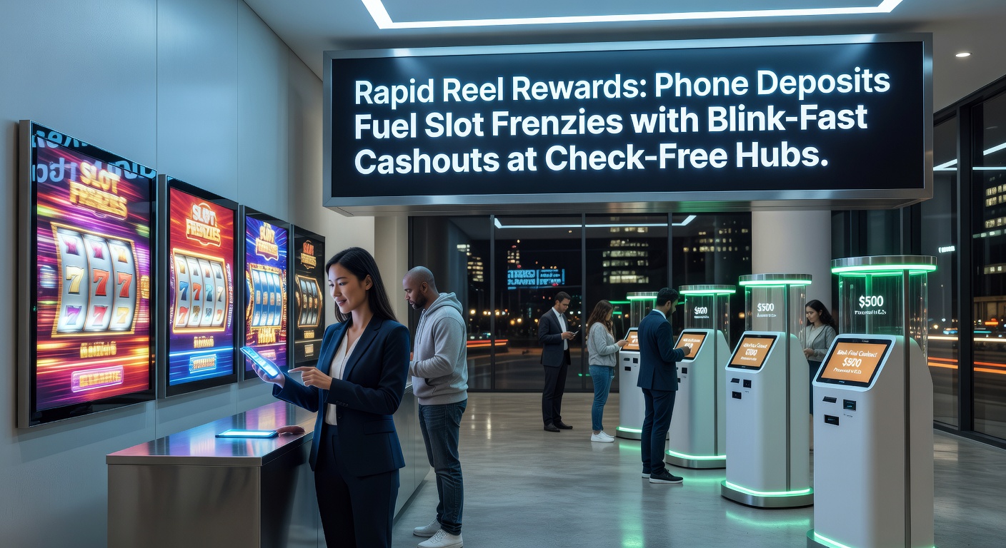 Vibrant slot machine reels spinning with phone deposit icons and reward badges glowing in a high-energy casino environment