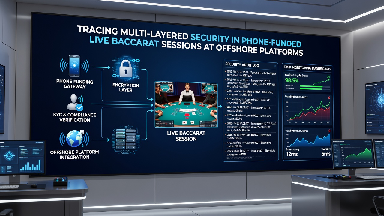 Illustration of encrypted data flows between mobile devices and offshore baccarat servers