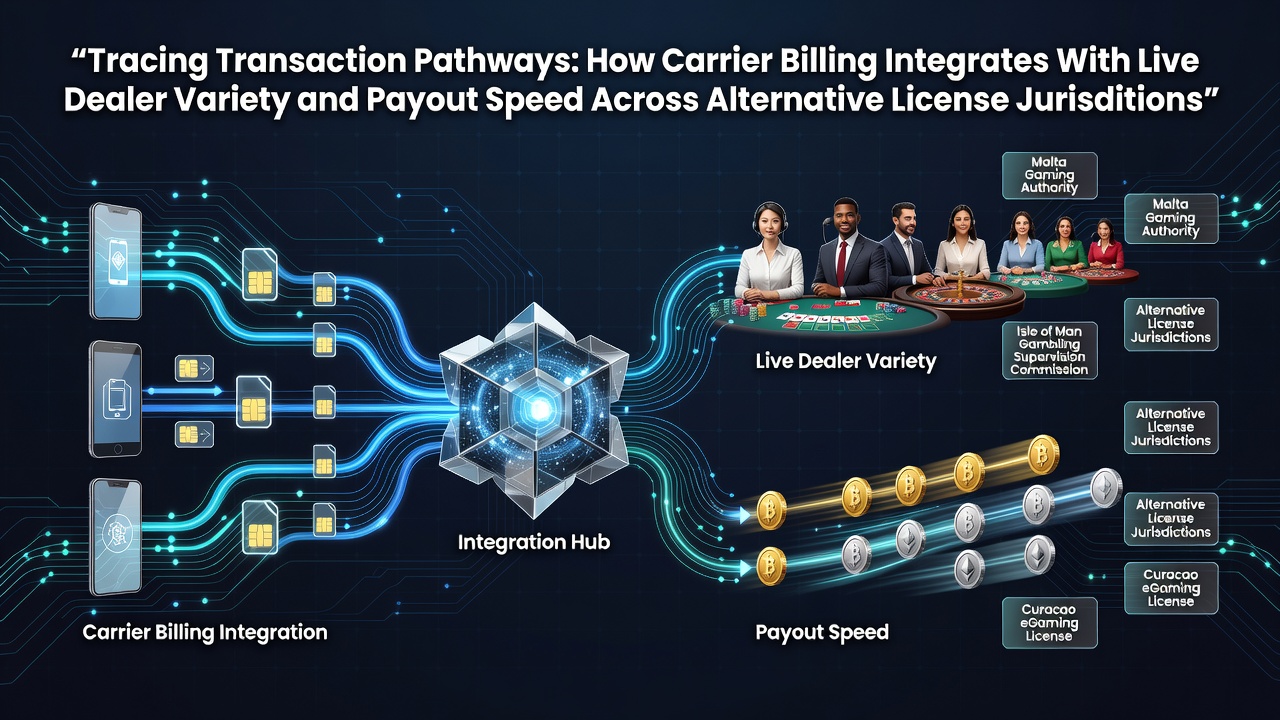 Diagram showing carrier billing transaction flows connecting to live dealer platforms across multiple jurisdictions