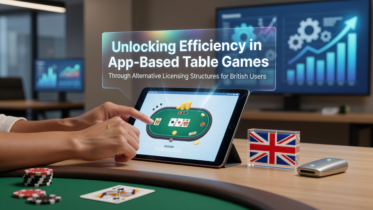Illustration of mobile app interfaces showing table game interfaces with regulatory compliance badges from international licensing bodies